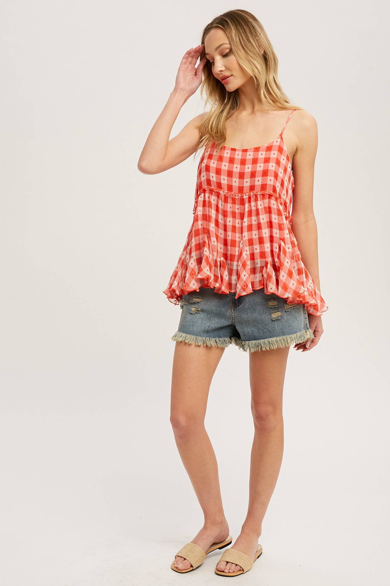 Bluivy – Top interior – Mulher por atacado – CAMI DE BAINHA DE BABADO DE CHIFFON XADREZ7