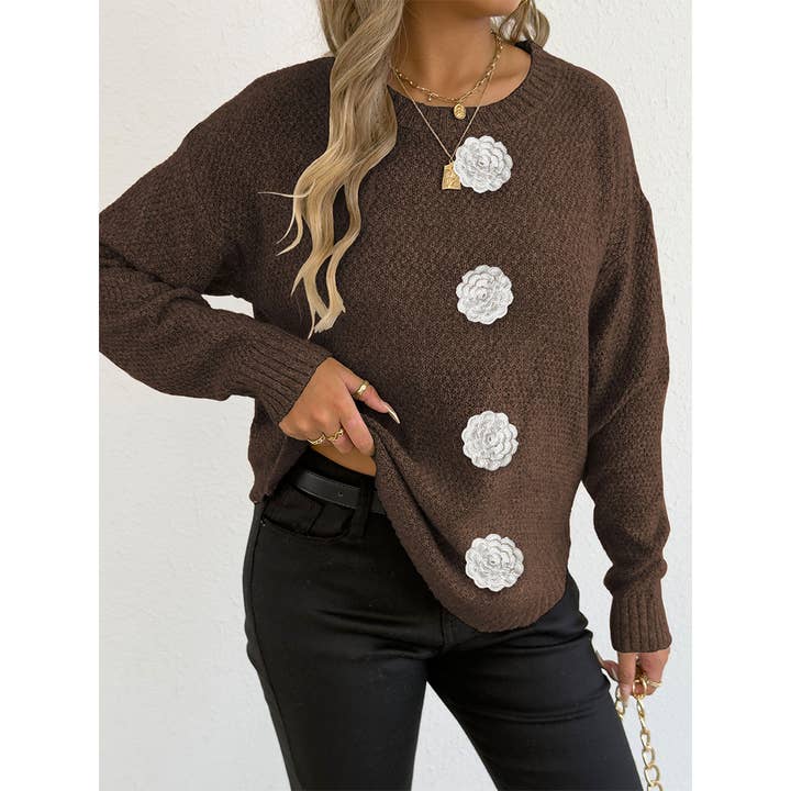 UNISHE – Großhandel Strickpullover – Damen – Lässiger Pullover mit Knopf, Häkelblumen-Dekor OYM24510