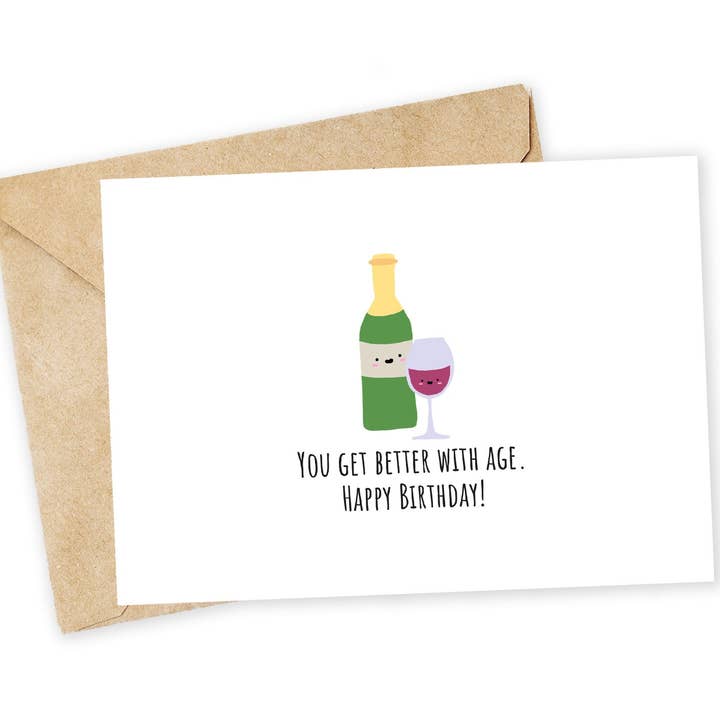 Funny Wine Birthday Card: Punny Handmade Greeting Card for wholesale by Chewy Lemon Studio