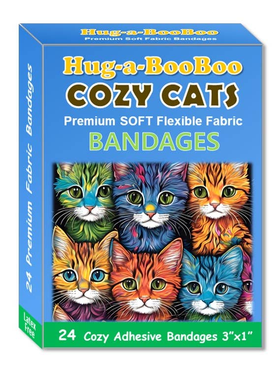 "Cozy Cats" Stretch Fabric CAT Bandages 24ct Box for wholesale by Hug-a-BooBoo