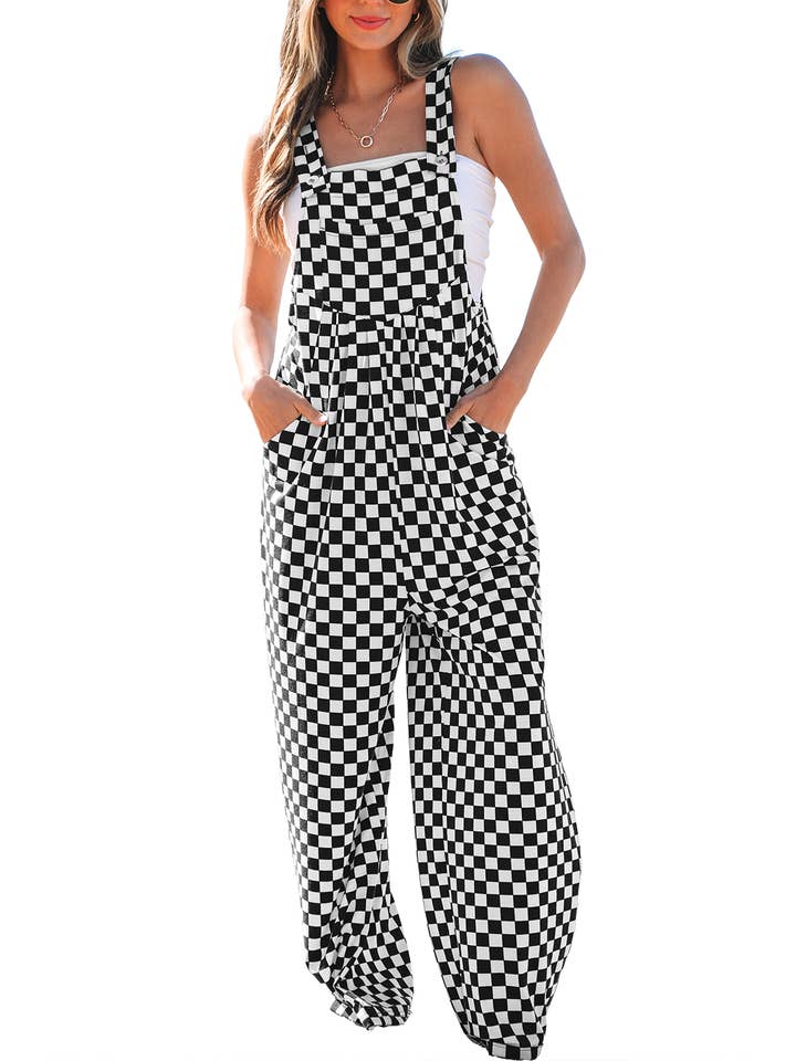 Black Checker Pocketed Wide Leg Jumpsuit for wholesale on Faire