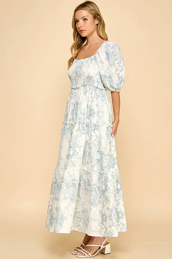 Million Colors - Vendita all'ingrosso Vestito - Donna - Vestito lungo a balze con stampa vintage blu Hattie Puff.5