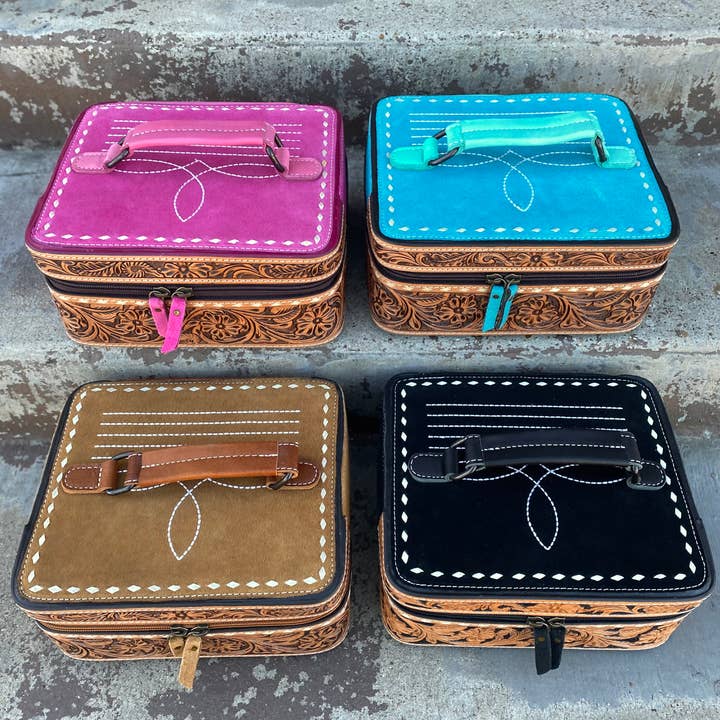 Western Linens - Wholesale Jewelry Box/Organizer - Turquoise BootStitch Suede Leather & Tooled Jewelry Box