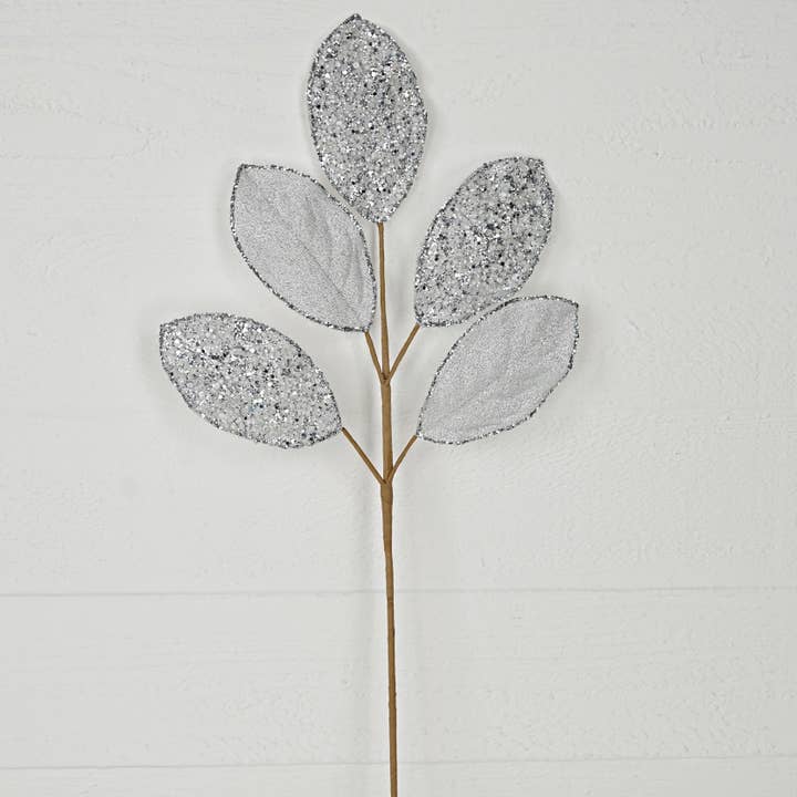 32251-25in Spray-Beaded Metallic Magnolia Leavesx5-SILVER for wholesale by Impressive Enterprises, Inc.