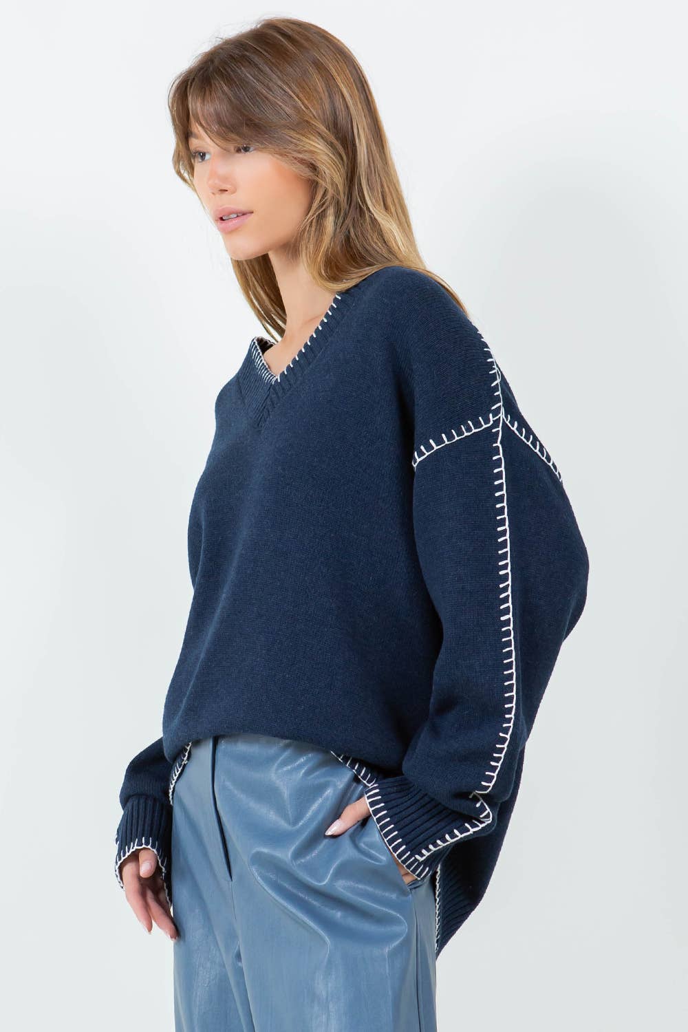 CONTRAST BLANKET STITCH DETAILED SWEATER - NAVY for wholesale on Faire1