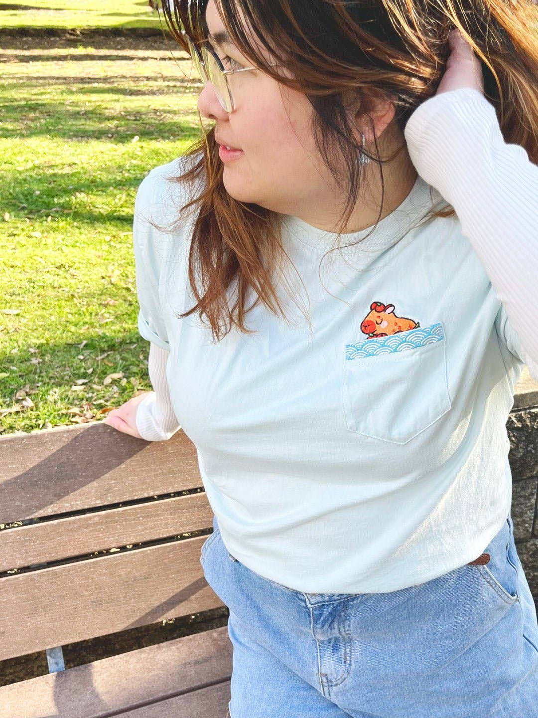 Jessthechen - Wholesale T-Shirt - Unisex - Bathing Capybara Embroidered Pocket Tee | Sky Blue6