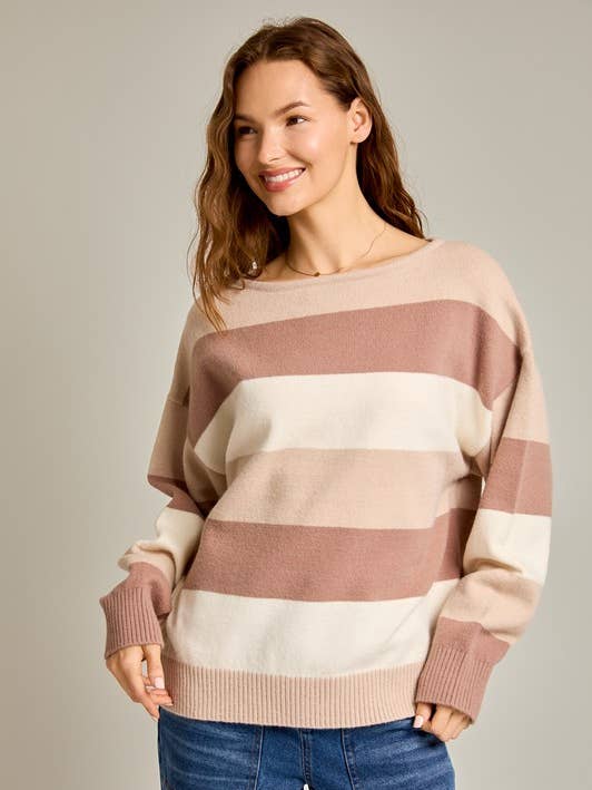 Beige multi Stripe LONG SLEEVE BOAT NECK STRIPED OVERSIZED SWEATER for wholesale on Faire0