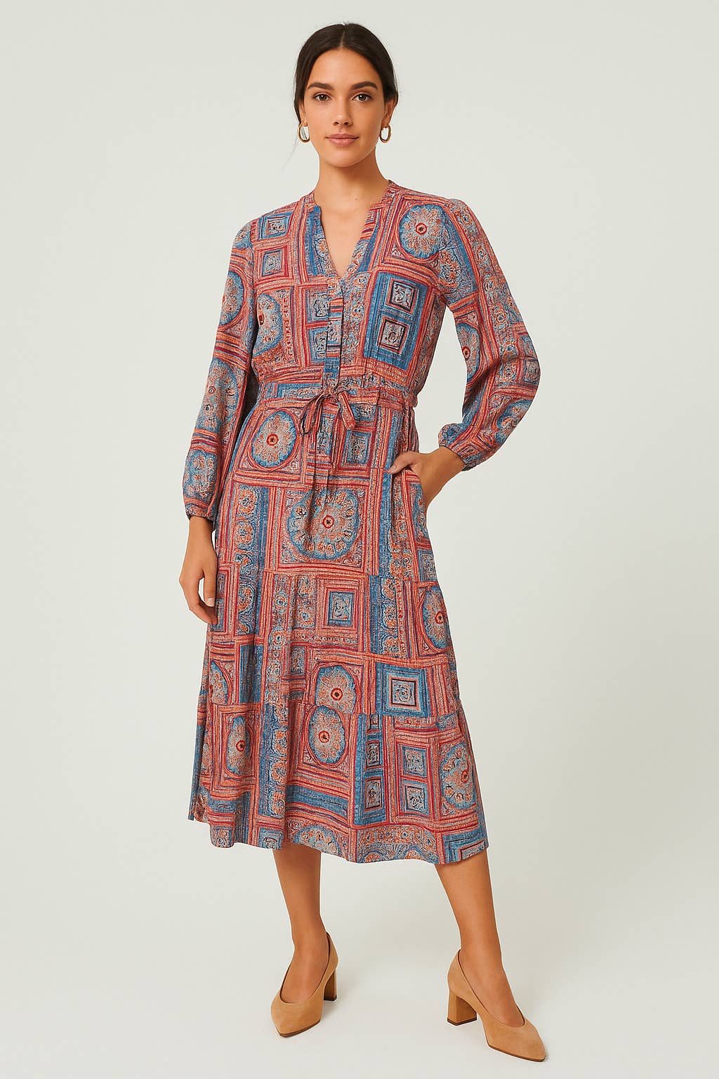 Pine Apparel - Wholesale Dress - Women's - Patchwork Georgette Self Sash Midi Dress