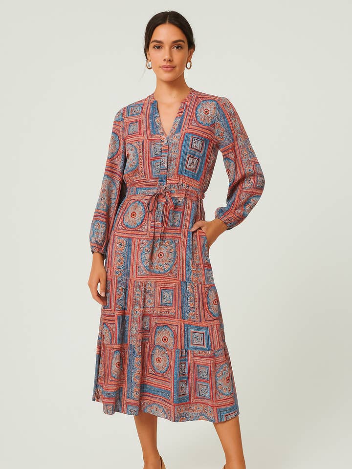 Pine Apparel - Wholesale Dress - Women's - Patchwork Georgette Self Sash Midi Dress0