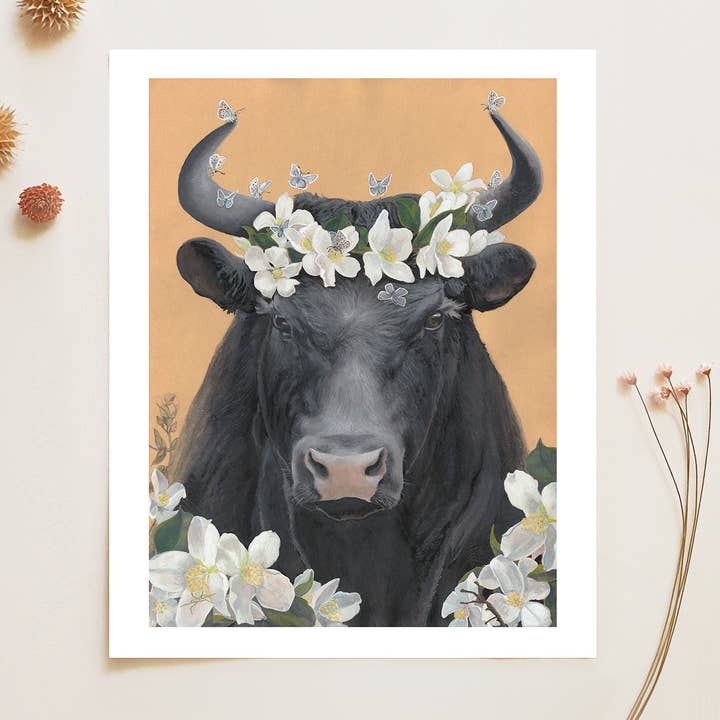 Bull and Flowers - 8x10 Archival Fine Art Print for wholesale by Amy Rose Moore Illustration
