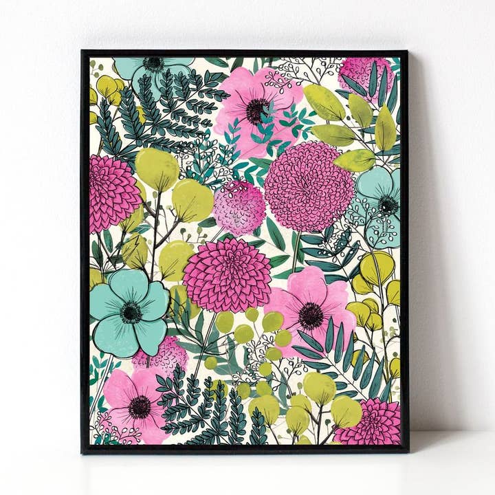 Pink + Chartreuse Flowers 8x10 Art Print for wholesale by Katie Vaz Design