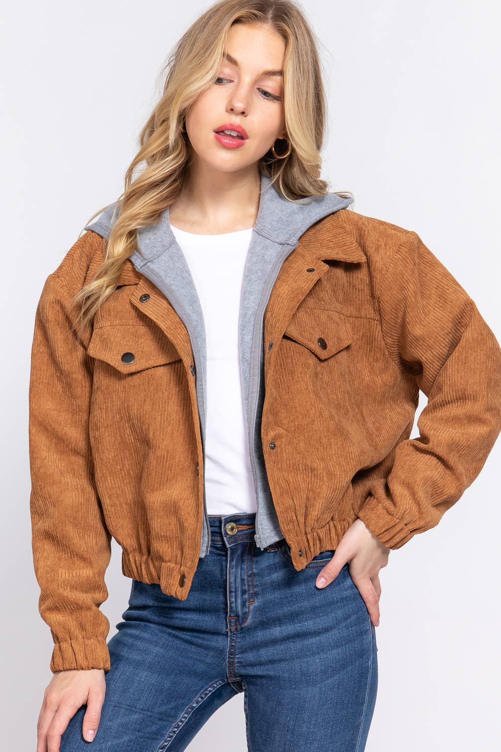 42POPS - Wholesale Jacket - Women's - "._ HOODIE LAYERED CORDUROY JACKET3