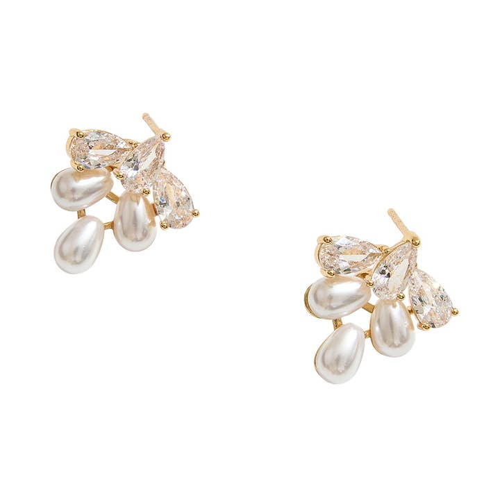 Sensibling Corp. - Wholesale Stud/Post Earrings - 14K Gold Dipped Teardrop CZ Stone Pearl Cluster Stud Earrings1