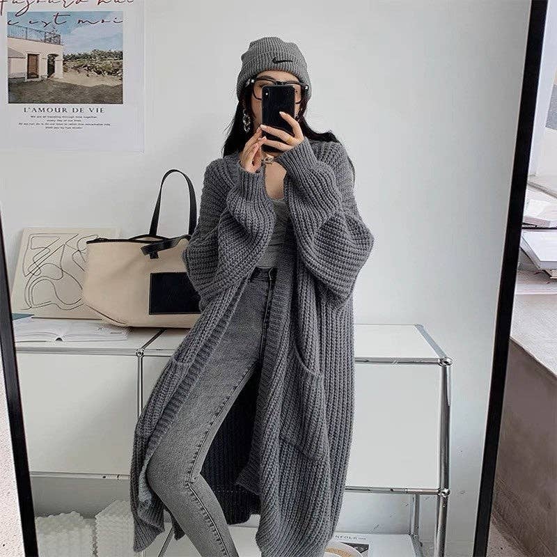 Plush Looks - Wholesale Cardigan - Women's - Thick Mid-Length Loose Knit Sweater Coat10