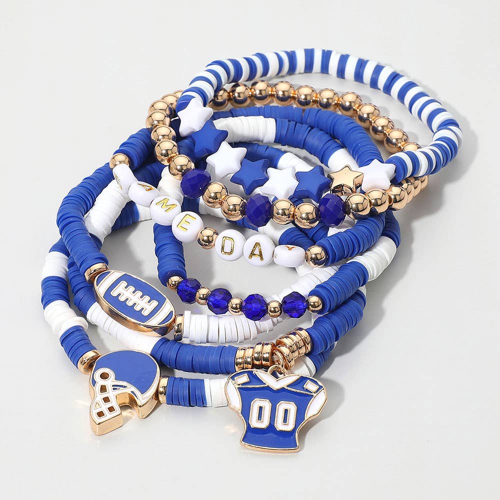 Sensibling Corp. - Wholesale Jewelry Set - 7PCS - Football Charm Star GAME DAY Message Heishi Beaded Stretch Multi Layered Bracelets0