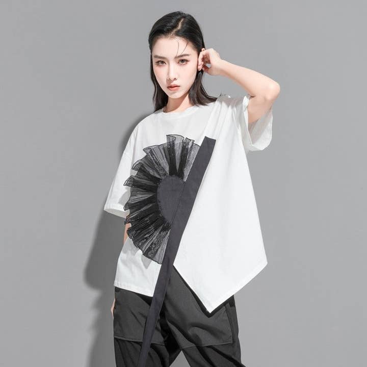 FurDecoration - Wholesale T-Shirt - Women's - Design Of Irregular Short Sleeve T-Shirt With 3D Flower Pattern3