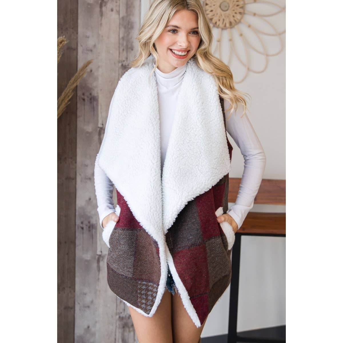 Burgundy Sherpa Lined Aztec Vest for wholesale on Faire1