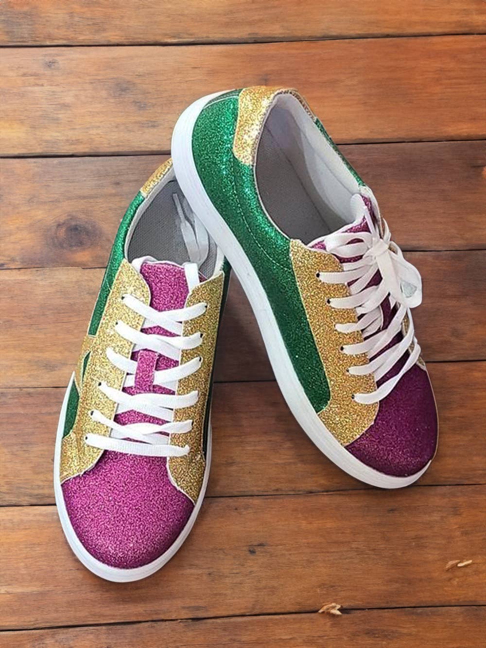 Blanc Chaussures plates à lacets avec paillettes tricolores pour Mardi Gras en vente sur Faire1