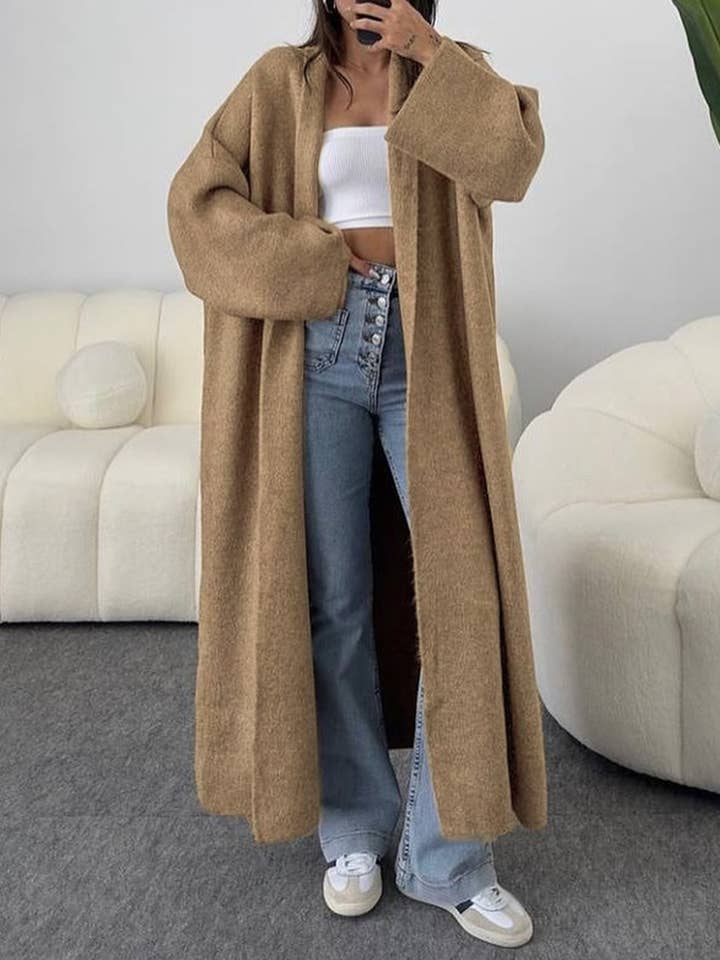 Cozy & Leisure Plain Color Open Front Long Knit Cardigan for wholesale by HIDDENBRAND