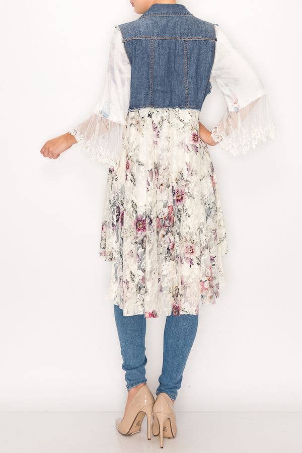 PT CH FLOWER CROPPED DENIM VEST WITH LACE LAYER--4479 DENIM/C FL for wholesale on Faire4