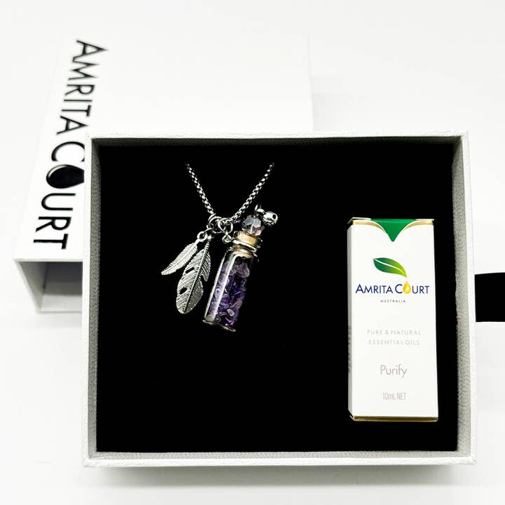 Confezione regalo - Aroma Necklace Amethyst + Purify Essential Oil per la vendita all'ingrosso da parte di Amrita Court Essential Oils and Aromatic Homeware