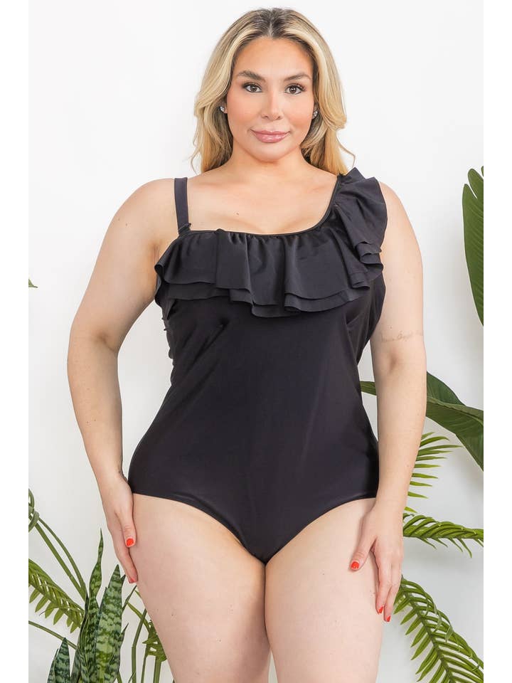 P228395 Black Ruffled One-Shoulder Swimsuit for wholesale on Faire