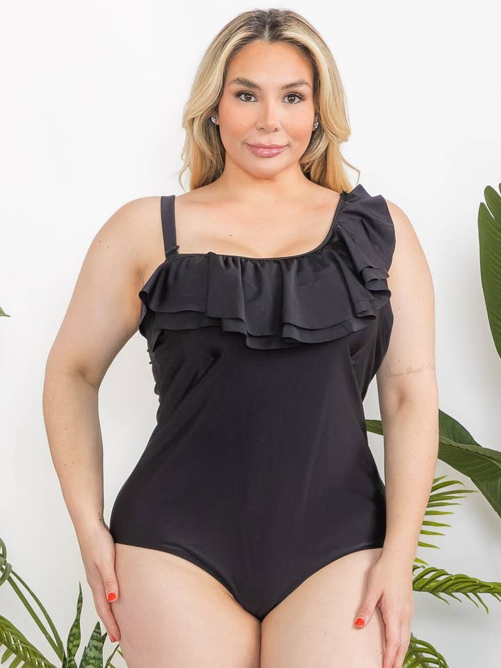 P228395 Costume intero nero con volant monospalla per la vendita all'ingrosso da parte di Stylish Swimwear