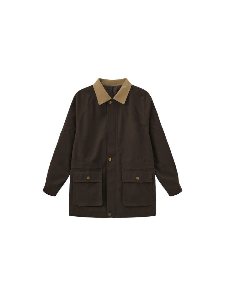 Brown Cropped Faux Suede Jacket with Contrast Collar for wholesale on Faire6