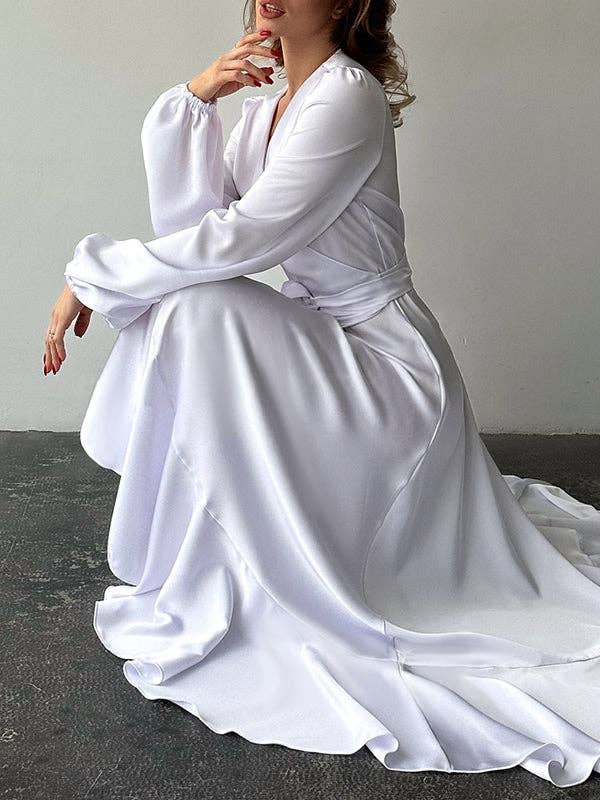 Sheer Trend - Wholesale Dress - Women's - Puff-Sleeve Asym Pleat Split-Tie V-Neck Shirt Maxi15