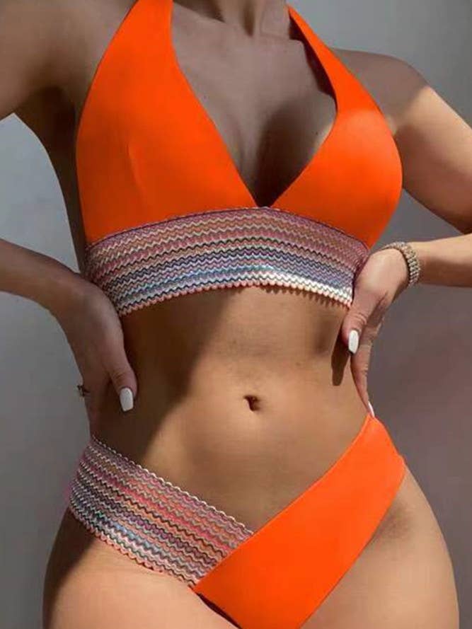 UNISHE - Wholesale Two Piece Swimsuit - Women's - Scallop Patchwork Plunge Swimwear Bikinis Set ZK103512
