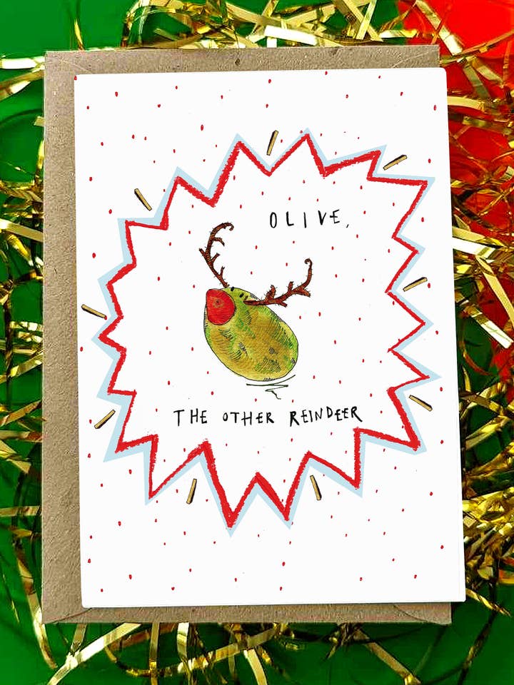 Olive the Other Reindeer! Christmas Card PACK OF 6 for wholesale by Claire Barclay Draws