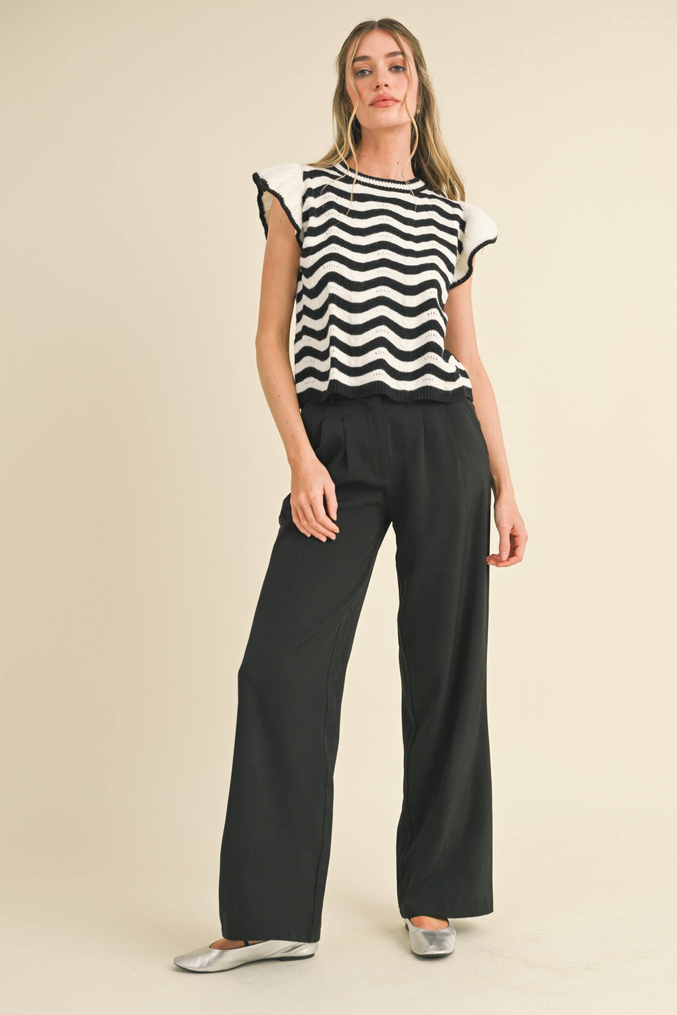 &MERCI - Wholesale Knit Sweater - Women's - WAVY STRIPES FLUTTER SLEEVE SWEATER TOP MSW1050994