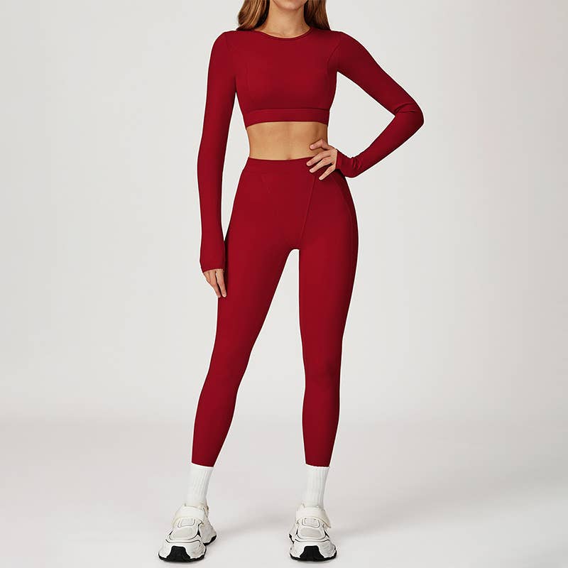 WONDERXFANS - Wholesale Activewear Set - Women's - Round-neck long-sleeve fitted top+HIGH WAIST LEGGINGS 2-PIEC5