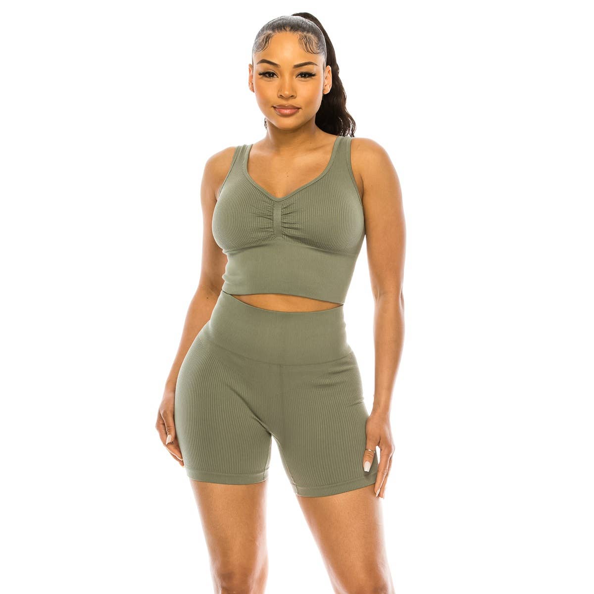 Lime All the Time - Wholesale Activewear Set - Women's - 2 Pcs Set Ribbed Muscle Tank Bra and Highwaist Short5