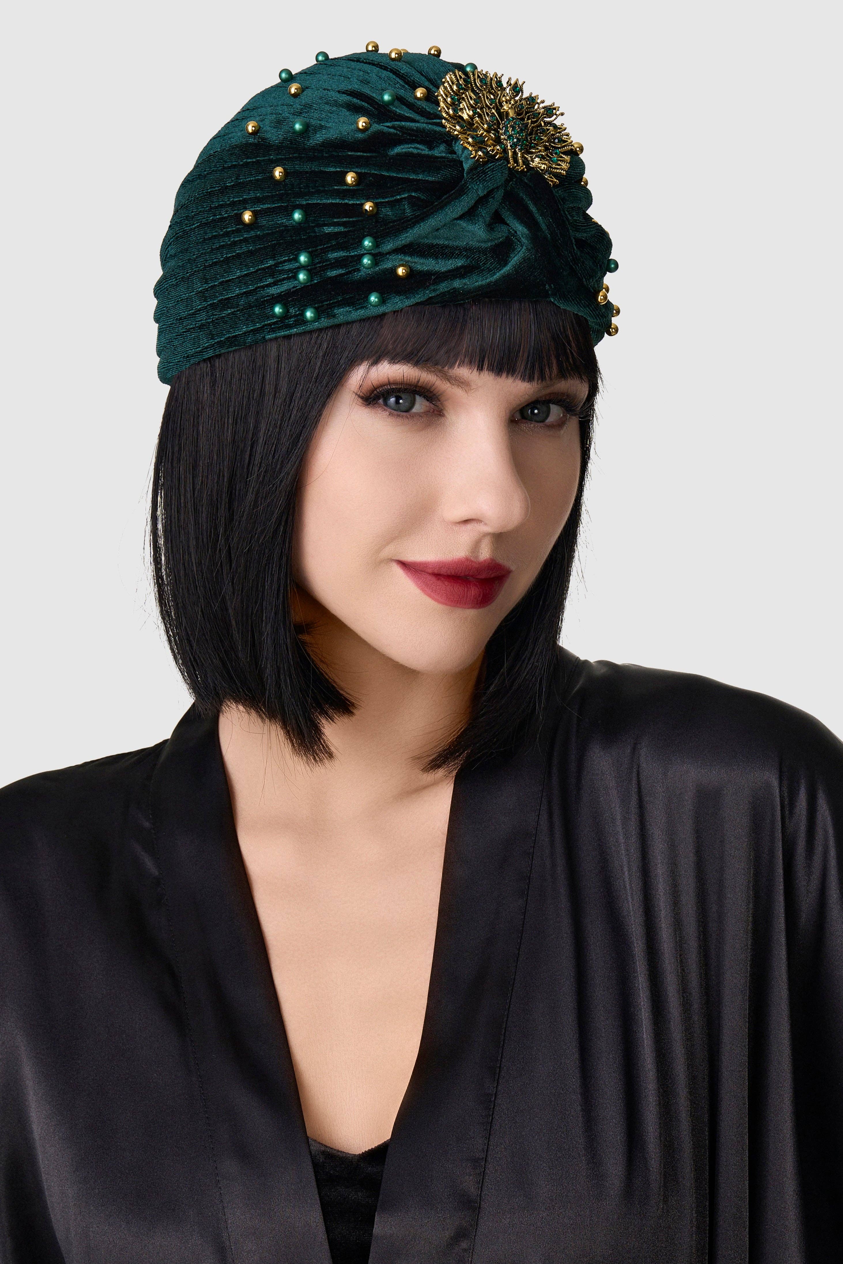 Forest Green Light Gold 1920s Beaded Peacock Turban Hat for wholesale on Faire2