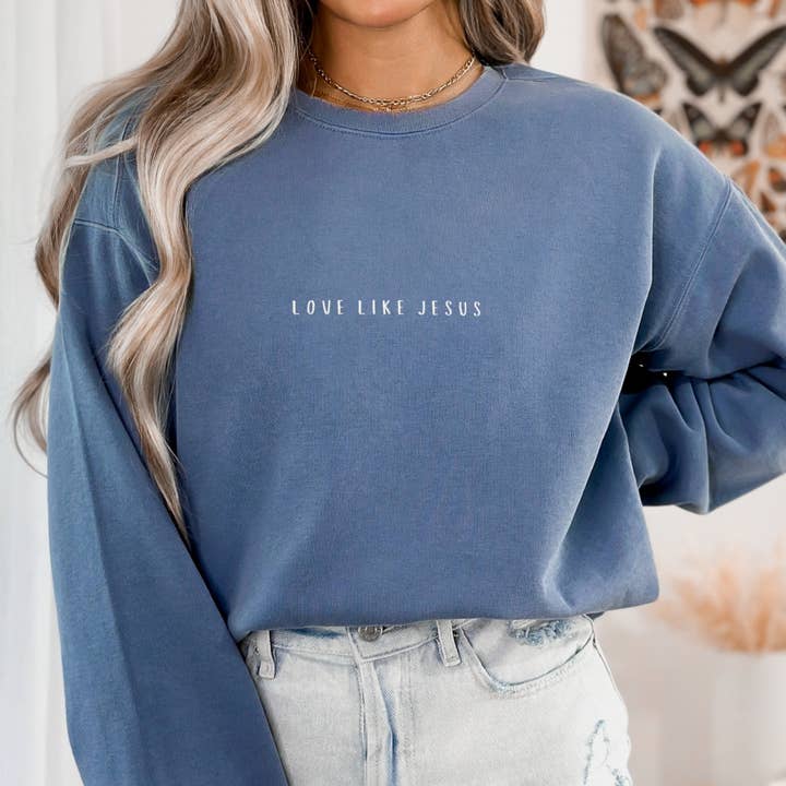 Scripted Pearl - Wholesale Sweatshirt - Women's - Love Like Jesus Embroidered Comfort Colors Sweatshirt2