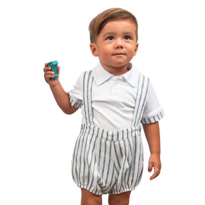 Boy Striped Linen Romper Shorts with Polo for wholesale by MARCELA