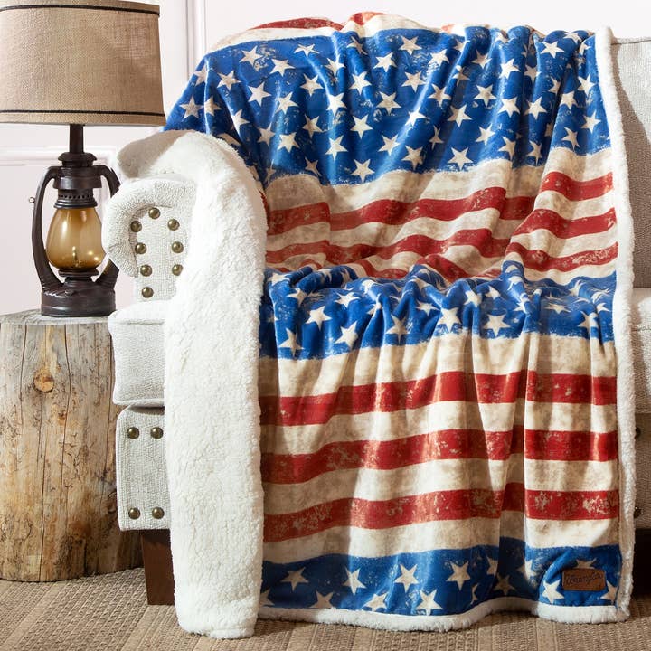 Wrangler® Stars & Stripes Plush Sherpa Throw for wholesale by Carstens, Inc.