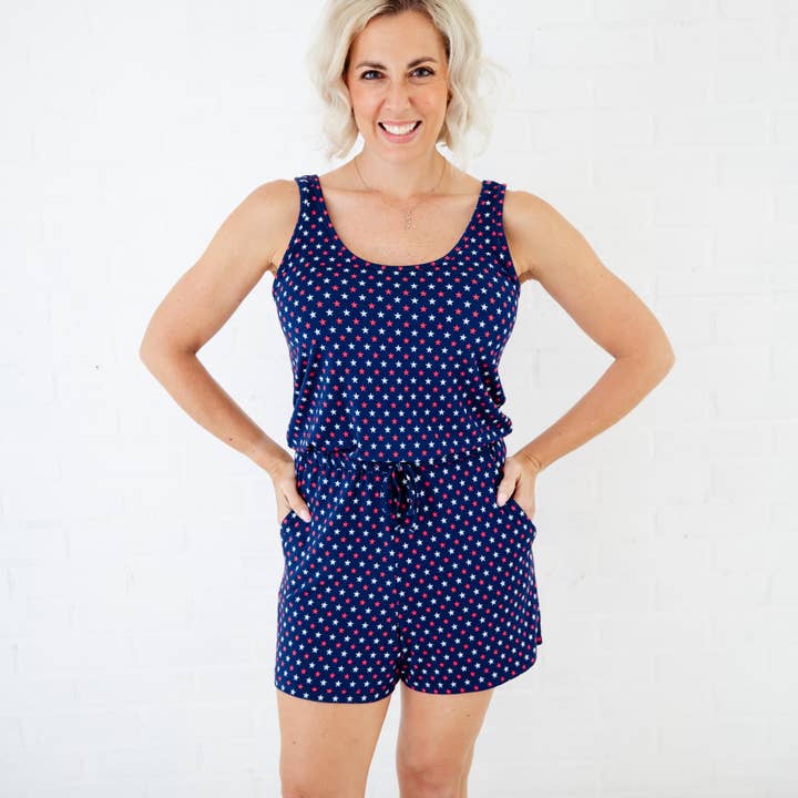 Dreamiere - Wholesale Romper - Women's - Americana Patriotic Stars 4th of July Women's Everyday Bamboo Romper