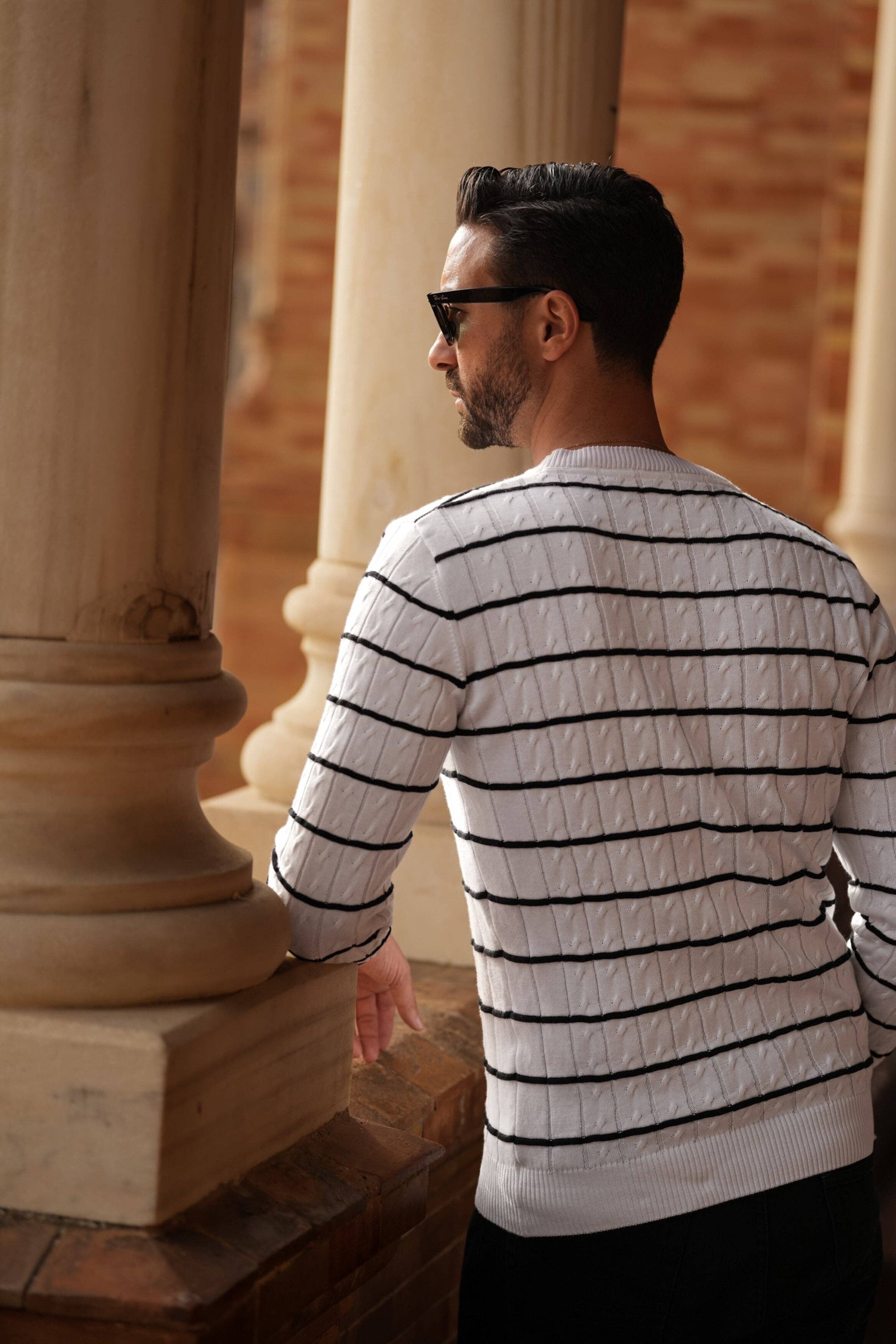 DONATO - Wholesale Knit Sweater - Men's - RAYAS WHITE&BLACK2