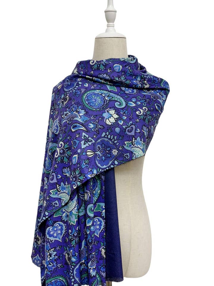 Lotus Paisley & Hearts Print Wool Frayed Scarf for wholesale by Fashion Scarf World