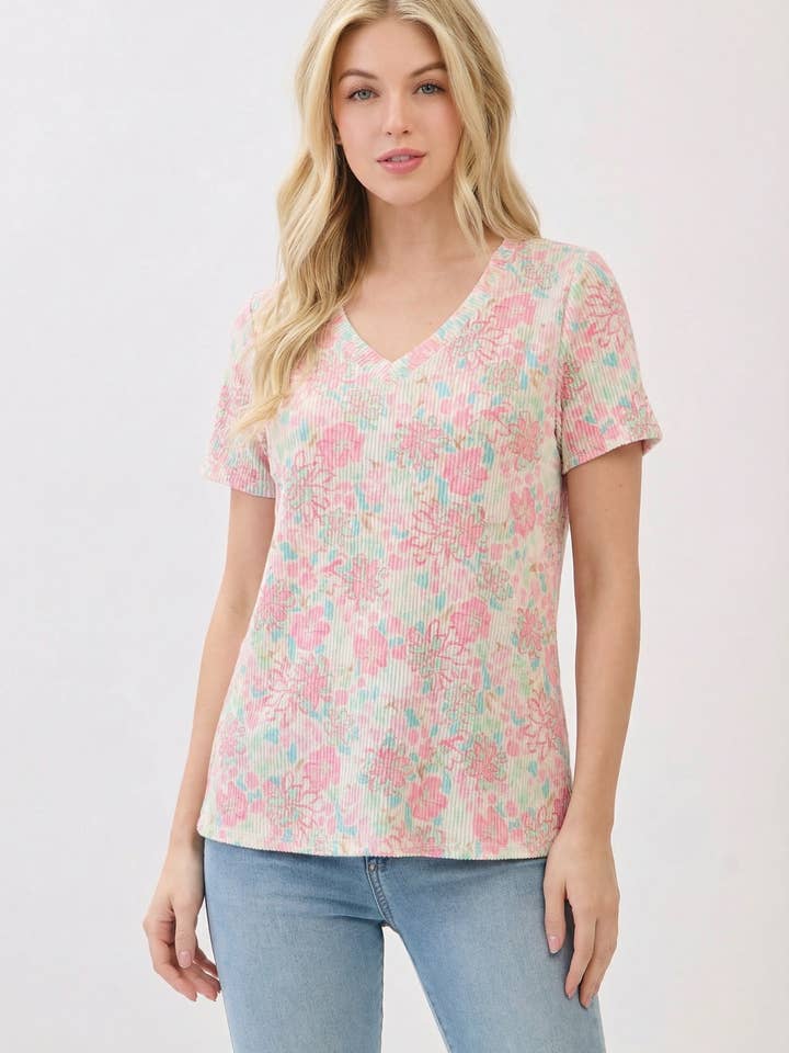 TA2449 Floral Ribbed V-Neck Short Sleeve Top for wholesale by BOMBOM