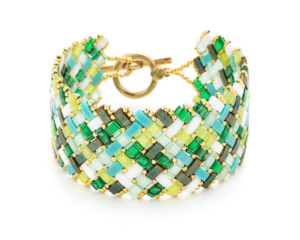 Bijoux 7bis - Vente Bracelet de perles - Bracelet acier manchette tissage de perles TILA fermoir en T2