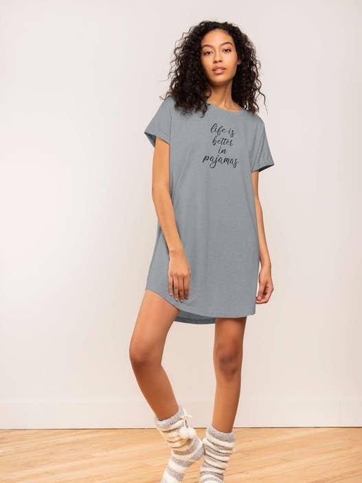 SLEEPSHIRT WITH 'LIFE IS BETTER IN PAJAMAS' GRAPHIC for wholesale by LATTELOVE