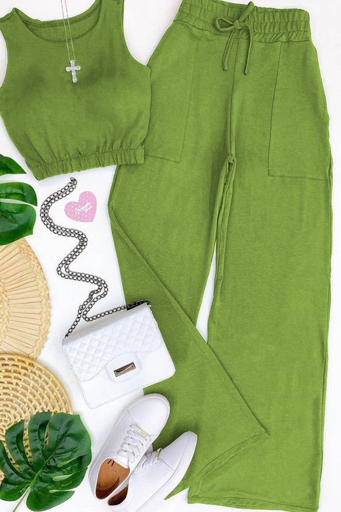 UNISHE - Wholesale Top & Pant Set (NOT Loungewear) - Women's - High Waist Pants and Crop Top Plain 2pcs Set ZZKF9523