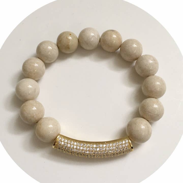 Beige Riverstone with Gold Pavé XL Curved Bar for wholesale by Oriana Lamarca Designs