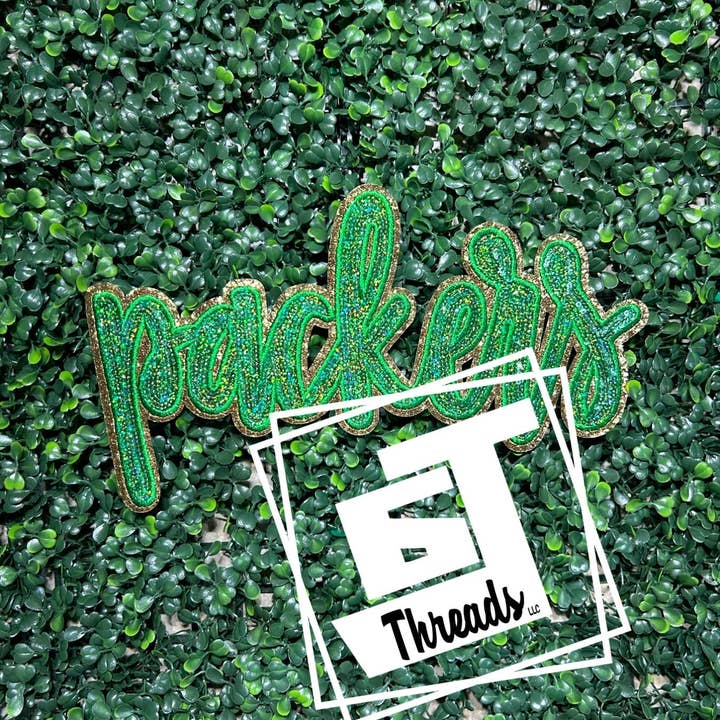 6j Threads LLC - Wholesale Patch - Green and Gold Cursive Sequin Packers....Patches Only