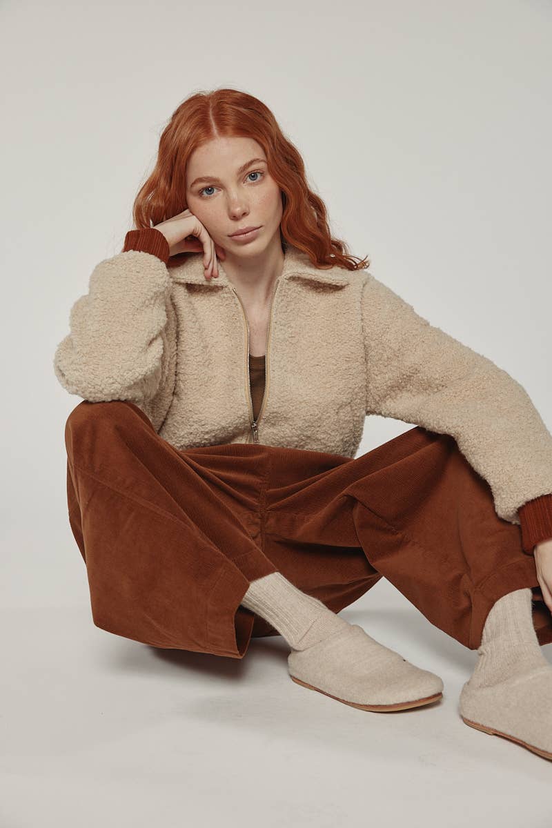 Oatmeal Wool blend ribbed short bomber jacket for wholesale on Faire2