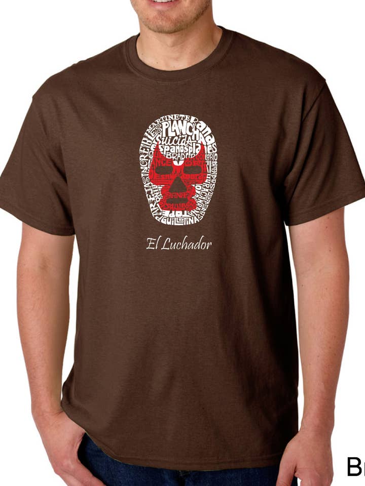 LA Pop Art - Venta al por mayor Camiseta serigrafiada - Hombre - LA Pop Art - Camiseta para hombre, diseño de palabras, máscara de lucha libre mexicana