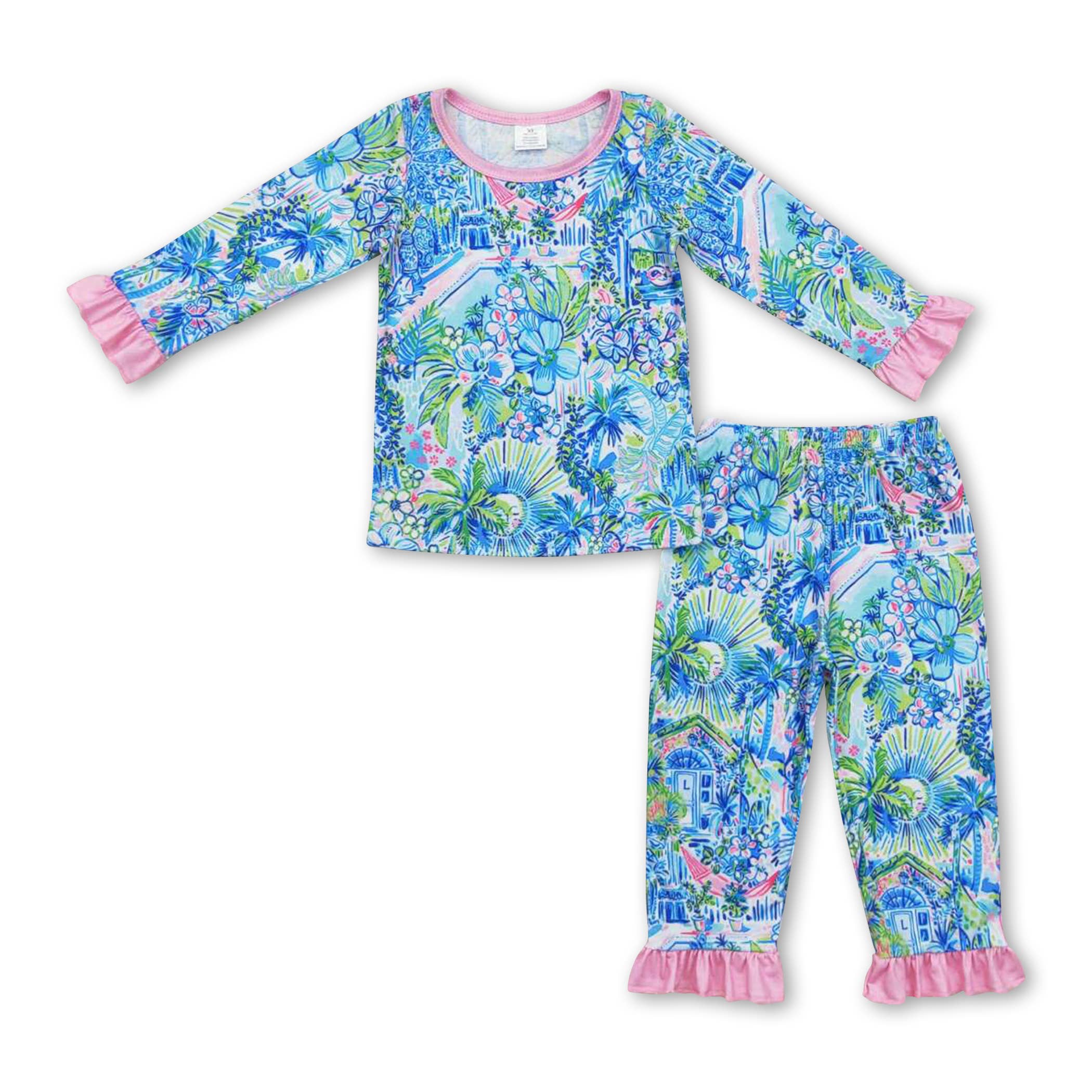 Yawoo Garments - Wholesale Jumpsuit - Baby - Pink ruffle watercolor blue floral baby girls zipper romper3